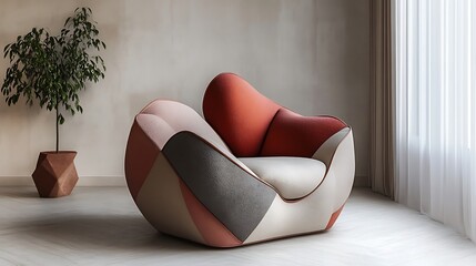 Sofa with a sleek, angular design and soft, comfortable cushions in muted tones 