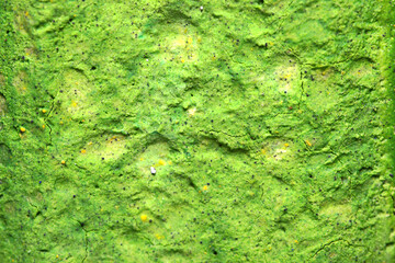 heavily structured green surface with heights, depths, lights and shadows as background, wallpaper, copy space