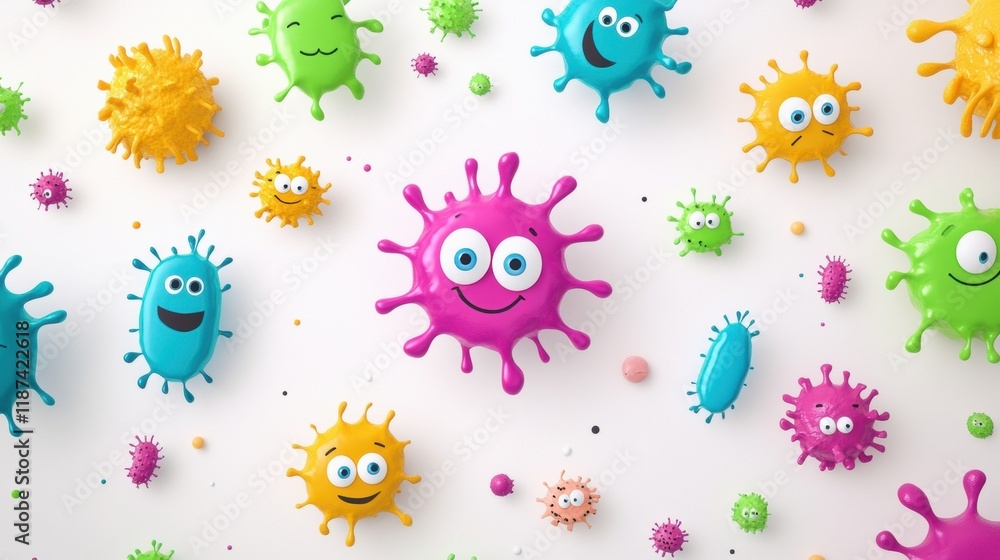 Poster bright cheerful microbes with smiles and eyes create a fun atmosphere in a colorful celebration of l
