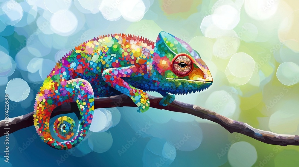Poster a painting of a colorful chamelon on a branch with a bokeh of light