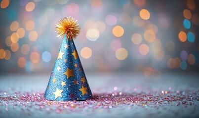 Blue party hat, gold stars, sparkly background.