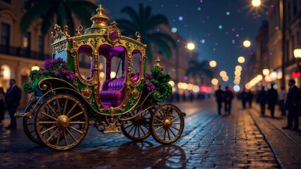 Mardi Gras background with A carriage with a purple top and gold trim is parked on a street. The carriage is surrounded by people walking on the sidewalk. Scene is festive and lively