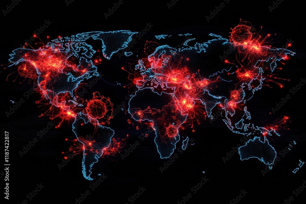 Poster global map highlighting zones of viral spread with detailed locations and active outbreaks observed 