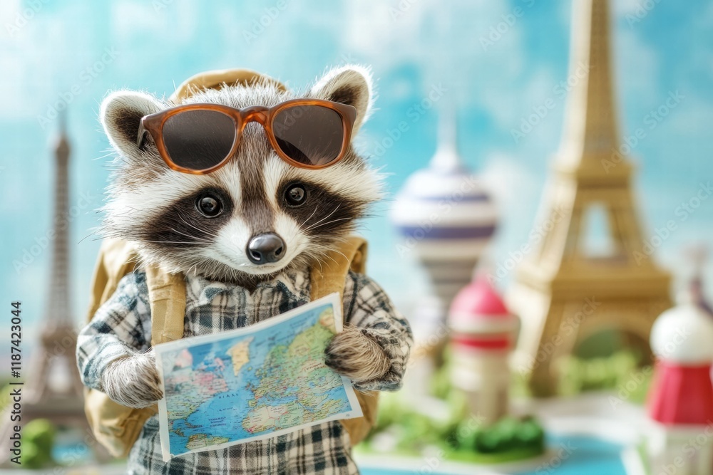 Poster raccoon explorer with backpack and map discovering famous world landmarks during a thrilling adventu