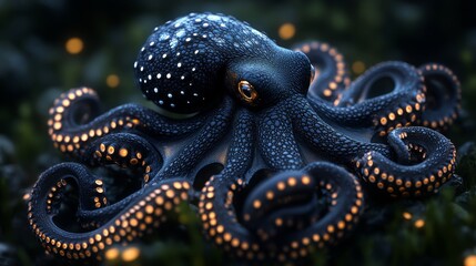 Obraz premium Bioluminescent octopus in aquatic habitat, mesmerizing glow. Deep sea wildlife and natural wonder concept