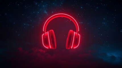 Glowing red headphones against a starry night sky, futuristic digital art concept