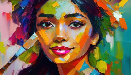 Vibrant Abstract Oil Portrait in Multicolored Tones A Striking Depiction of a Beautiful Woman amidst Colorful Swirls and Layered Textures