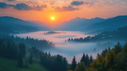 beautiful sunrise over mountain village with fog spring landscape