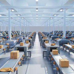 Fototapeta premium Modern Warehouse with Conveyor Belts and Packages