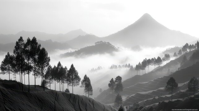 black and white view of tourist destinations in the dieng plateau central java see rural scenery at the foot of the sikuning mountains and mount sindoro and the hills decorated with a thin fog