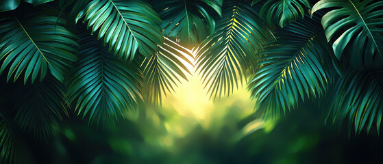 Tropical palm leaves and monstera framing a warm sunset glow with blurred bokeh background creating a lush jungle atmosphere. Generative AI.