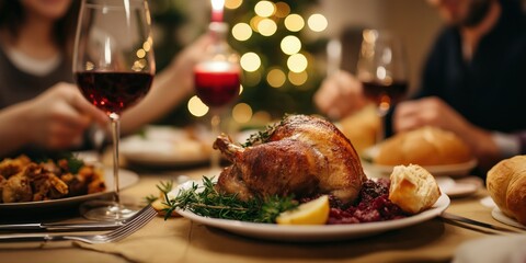 A beautifully set dinner table featuring a mouth-watering roast chicken, sweet cranberry sauce, and festive decor, perfect for holiday feasting and celebration.