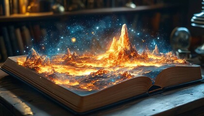 Fototapeta premium A digital smartbook that opens into augmented reality, displaying floating 3D educational content like historical landmarks or space exploration, Smartbook with Augmented Reality