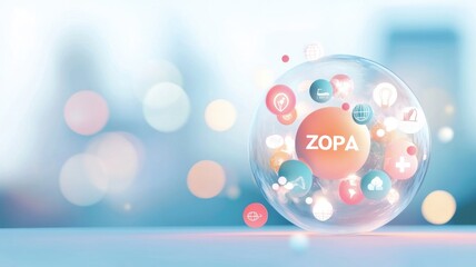 Colorful digital sphere with technology and communication icons on abstract background