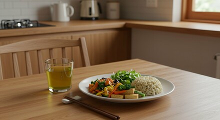 A serene setting showcasing a balanced meal with a focus on mindful eating, featuring nutritious foods that promote a healthy diet and lifestyle.