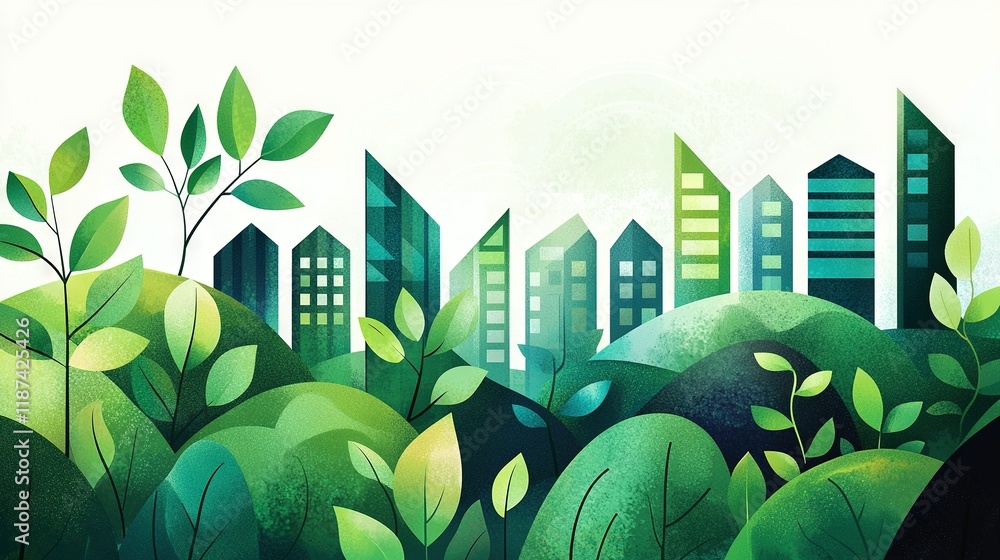 Poster a cityscape painting featuring numerous trees in the foreground and towering structures in the backg
