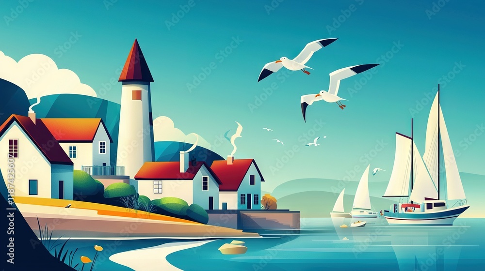 Poster a lighthouse towers behind a sailboat in the foreground, while seagulls soar above in the foreground