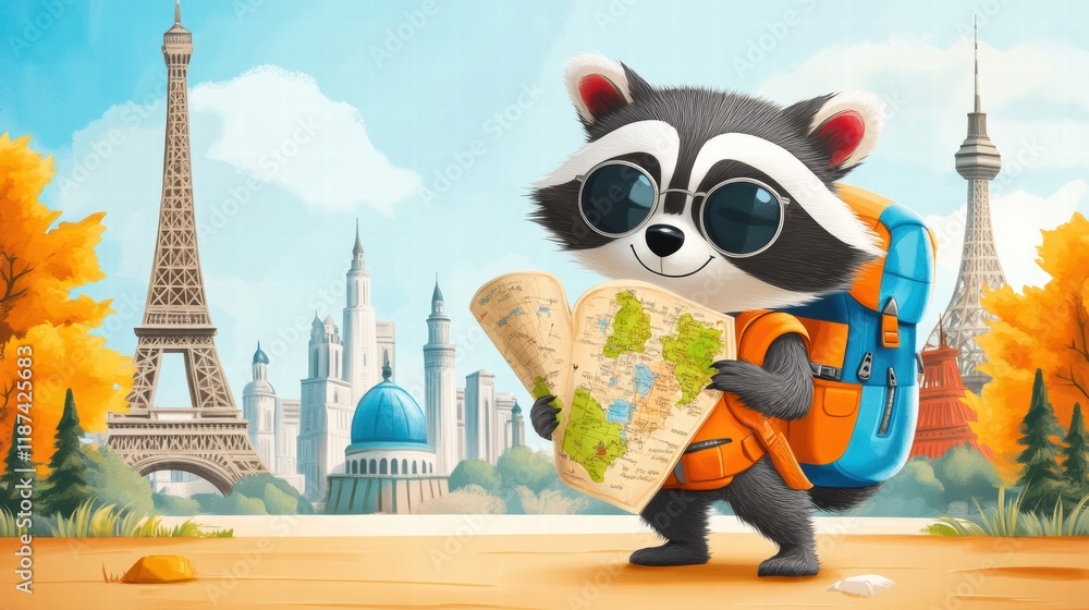 Aufkleber raccoon exploring famous landmarks with a map and backpack during a sunny day. generative ai
