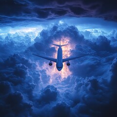 Fototapeta premium Airplane flying through stormy clouds, lightning.