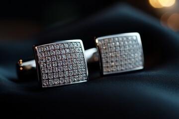 Close-up of diamond studded cufflinks on a shirt. High value diamond studded cufflinks on a luxury suit.