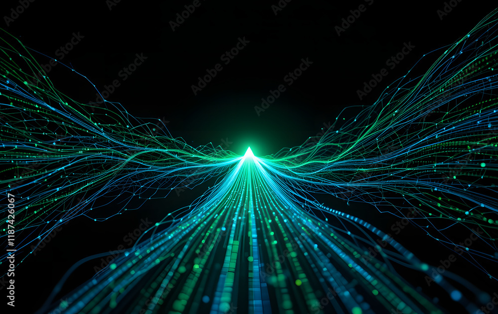 Wall mural a vibrant green and blue digital stream converging into a sharp point, symbolizing data flow and inn