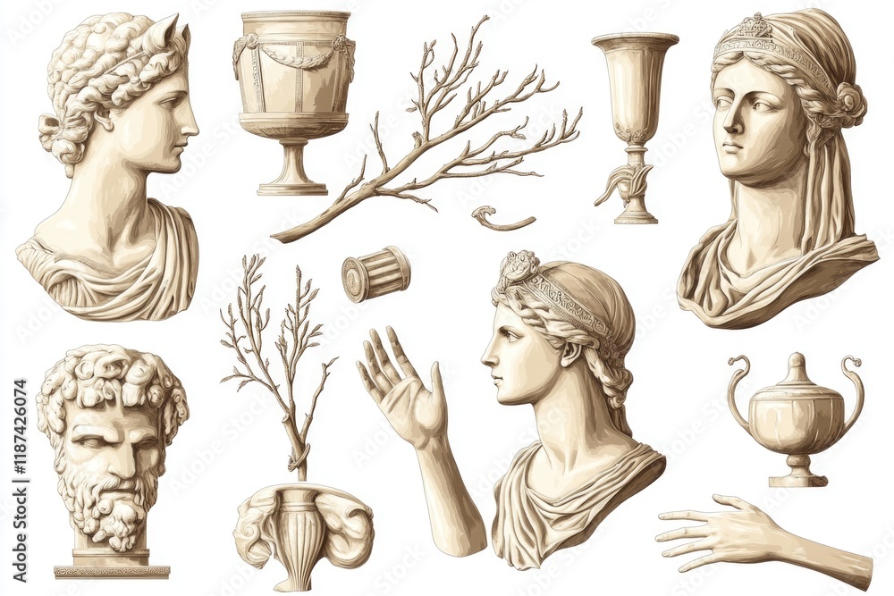 Poster a grouping of statues and vases from ancient civilizations