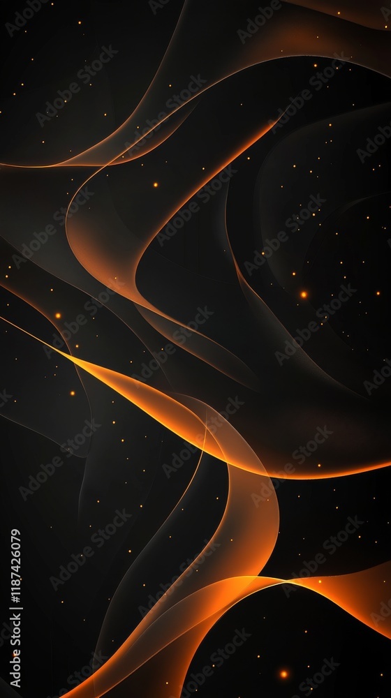Poster abstract dark background with flowing orange lines and small glowing particles, futuristic design co