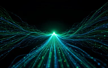 Fotobehang A vibrant green and blue digital stream converging into a sharp point, symbolizing data flow and innovation on a black background  © Sajeduil
