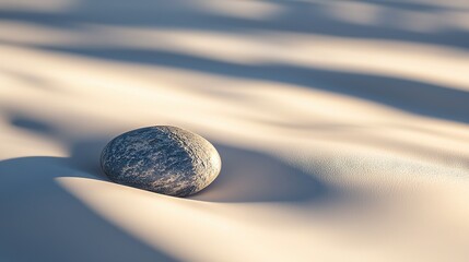   A rock perched atop a sandy shore beside an expansive white sand and azure sky