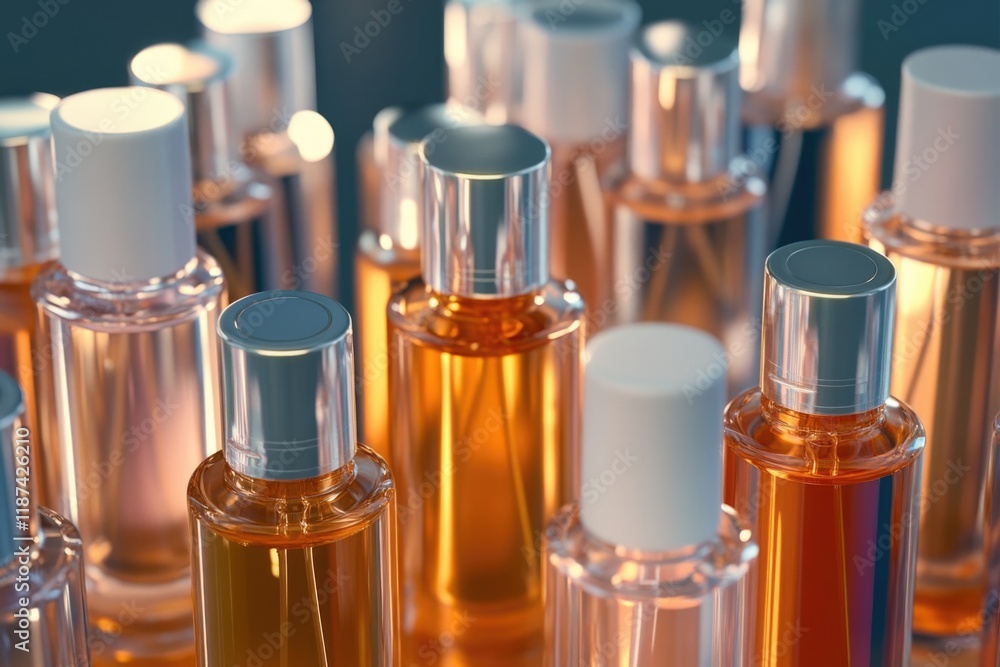 Poster a collection of perfume bottles with unique designs and fragrances, perfect for editorial or commerc