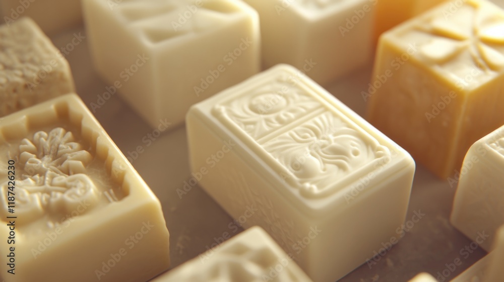 Poster close-up shot of multiple soap bars on a table, ideal for use in product or commercial photography