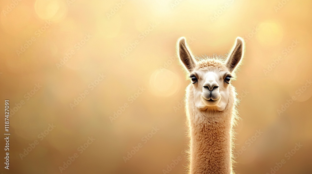Poster close-up image of a llama's face with blurry background and soft light illumination