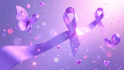 Fototapeta premium World cancer day February 4 background with A purple ribbon with a butterfly and a heart in the background. The ribbon is meant to represent breast cancer awareness
