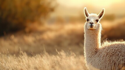 Fototapeta premium A llama in a grassy field bathed in sunlight through tree backgrounds