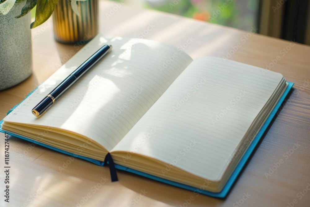 Poster a notebook with a pen lying on top, great for depicting creativity and learning