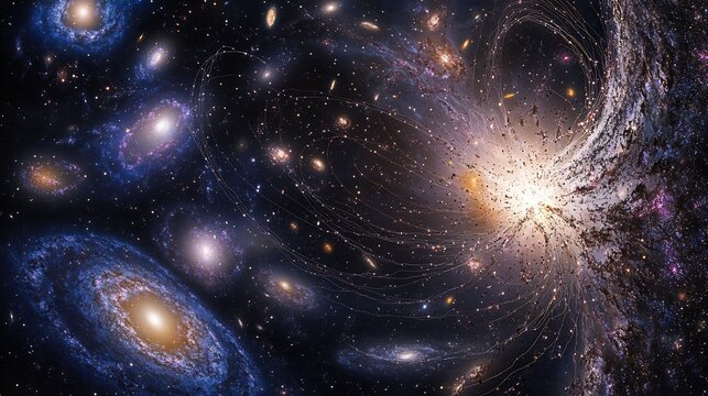 Detailed cosmic cartography of observable universe highlighting galaxy clusters cosmic strings and the weblike structure of deep space