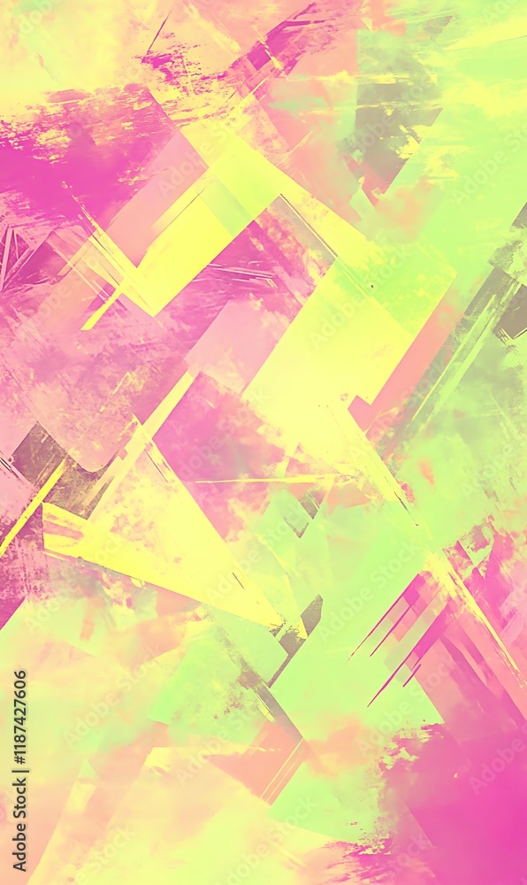 Poster a backdrop of pastel greens and pinks with bold neon shapes and diagonal lines creating a modern fee