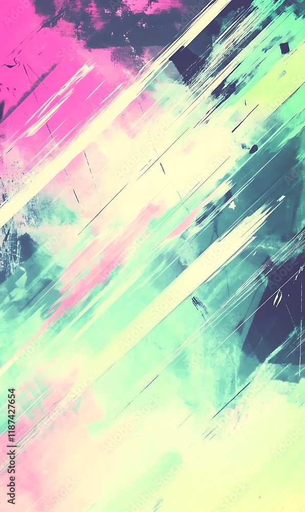 Poster a backdrop of pastel greens and pinks with bold neon shapes and diagonal lines creating a modern fee