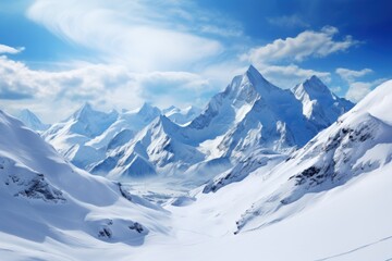 Obraz premium Snow-covered mountain range under a clear blue sky with fluffy clouds and sunlight illuminating the peaks