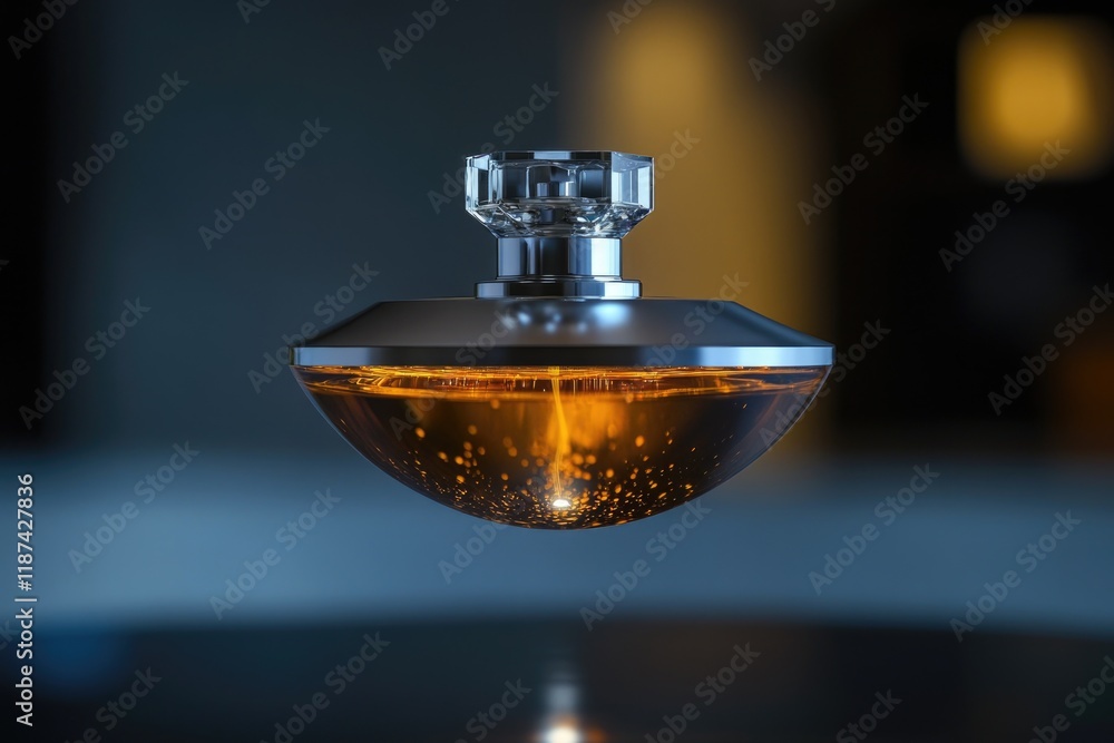 Poster a close-up shot of a perfume bottle on a table, ideal for use in advertisements or product displays
