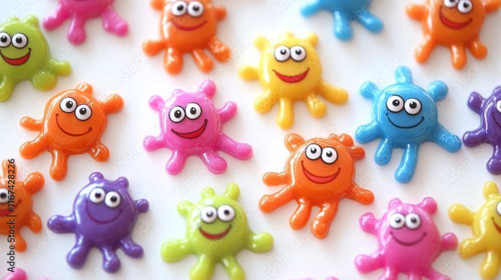 Poster Bright and cheerful colorful microbes with eyes and smiles bring joy to a playful environment. Generative AI
