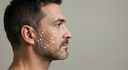 Profile of a man with arrows on his face symbolizing skin tightening.