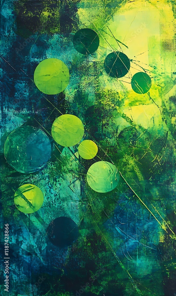 Aufkleber vibrant geometric shapes with glowing circles in green and blue on a dynamic diagonal line backdrop.
