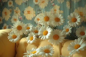 A bunch of fresh daisies sitting on top of a bright yellow couch