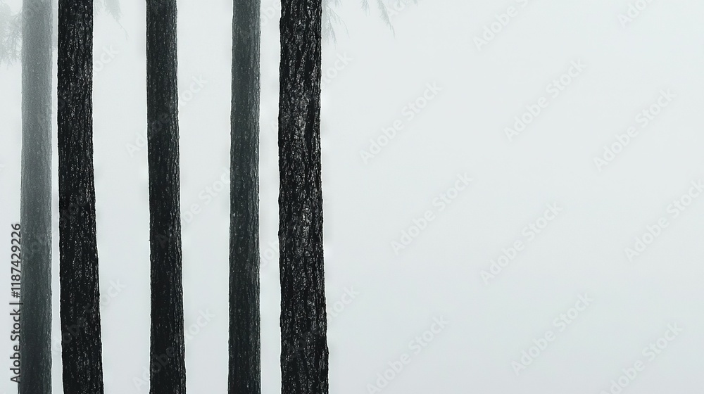 Poster a monochrome image captures a tree line against a hazy backdrop, with a park bench situated prominen