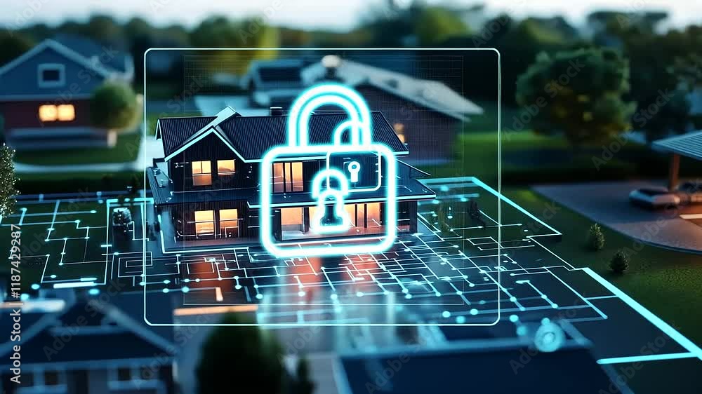 Poster a multi-level smart house with dynamic led lighting displays a holographic padlock icon projected ne