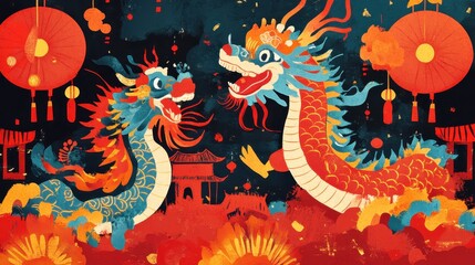 Two Vibrant Dragons Dance Amidst Festive Lanterns