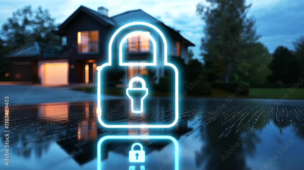 Poster a tranquil smart home with panoramic windows reflects the glowing padlock icon floating in its autom