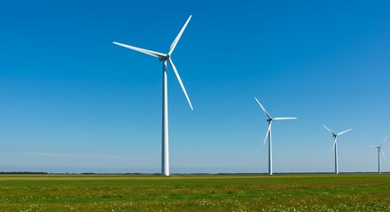 Fototapeta premium Wind turbine majestically standing in the green fields under a clear blue sky, exemplifying the harnessing of renewable energy resources in harmony with the natural environment.