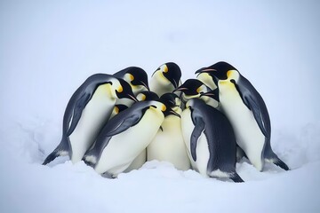 A group of emperor penguins huddling together for warmth on the Antarctic ice during a blizzard.